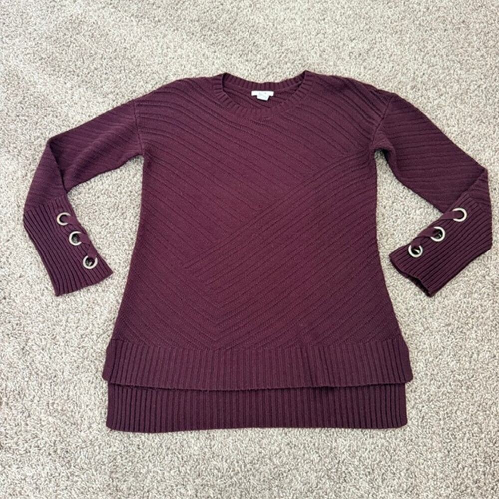 Bar III Burgundy Sweater Women's Large Wool Blend Hi-Low Hem Grommet Cuff Detail